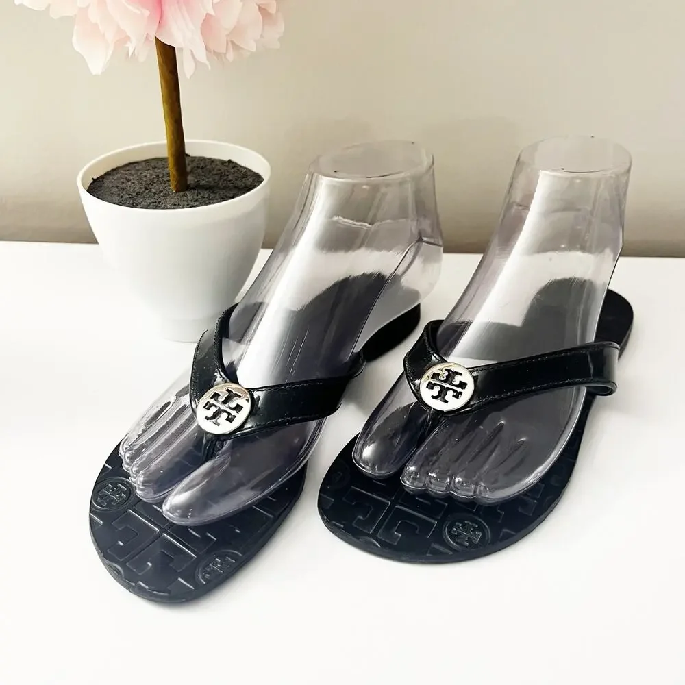 Tory Burch Black Patent Logo Flip Flops with Silver Medallions Size 6
